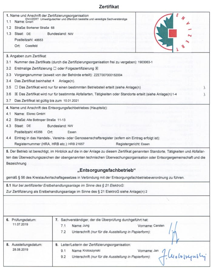Zertifikat Entsorgungsfachbetrieb